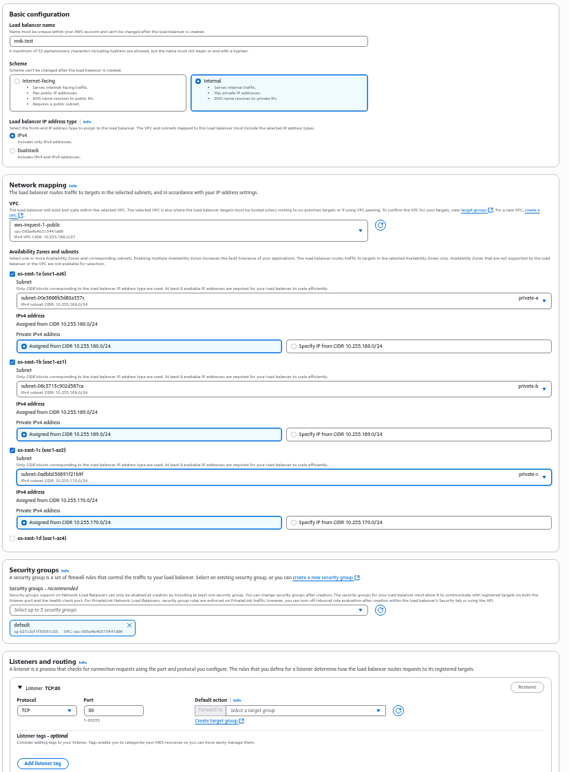AWS Console showing internal IPv4 load balancer setup named "mlsk-test" in VPC with private IPs assigned across three subnets, default security group selected, and a TCP listener on port 80 configured to forward to a target group.