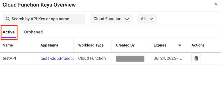 Shows the Active API keys in Cloud function App.