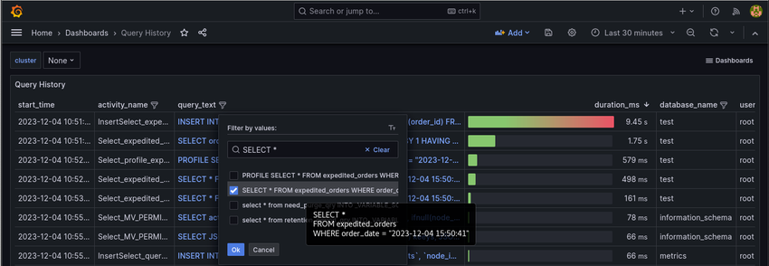 A screenshot of a filter being applied to the Query History dashboard.