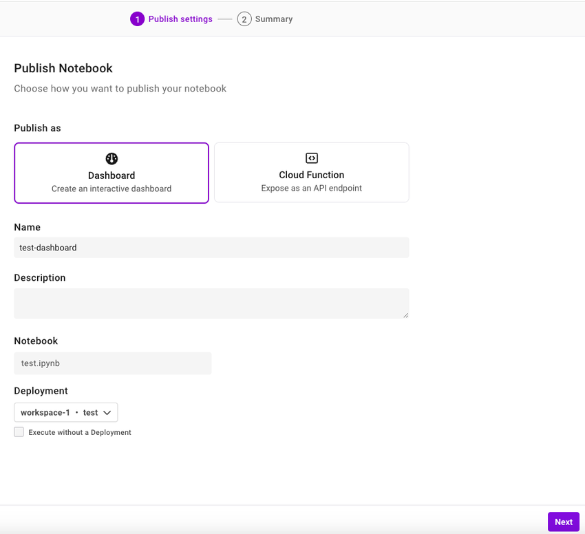 Select Dashboard in Publish Settings dialog.