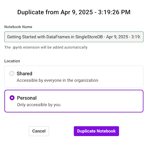 An image that shows how to duplicate a Notebook using the "Duplicate Notebook" button.