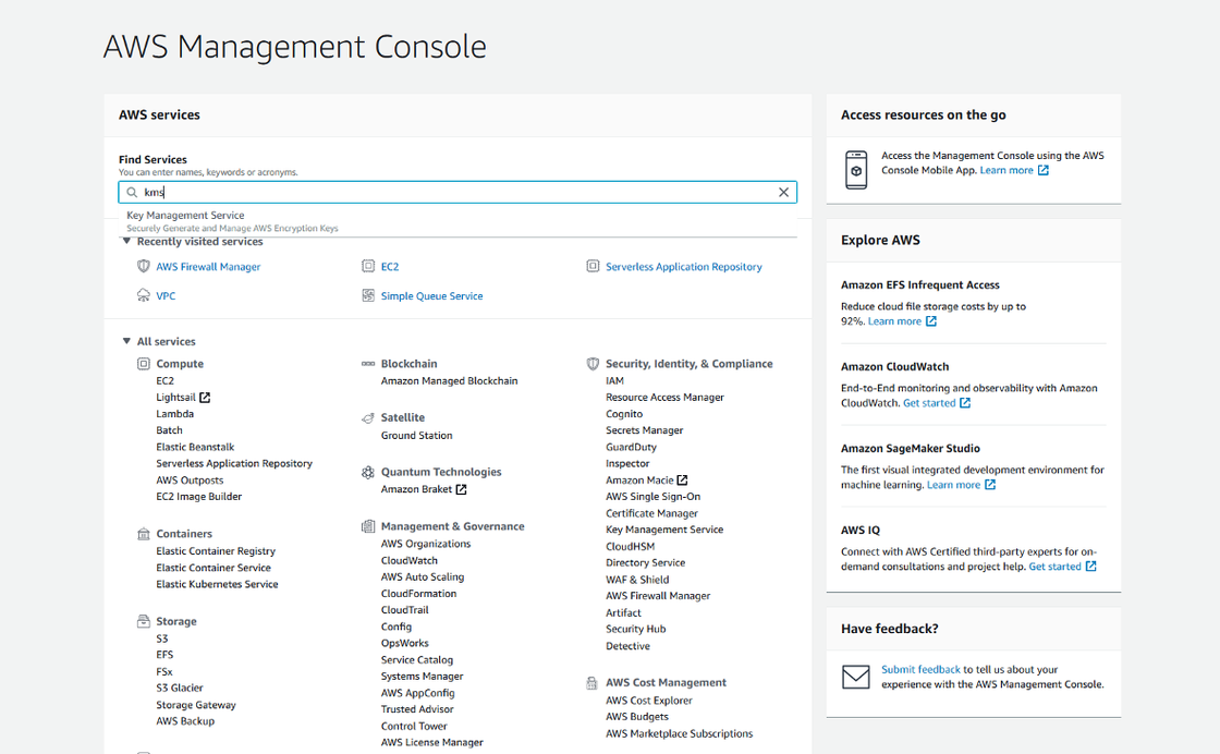 AWS Management Console window show several services links