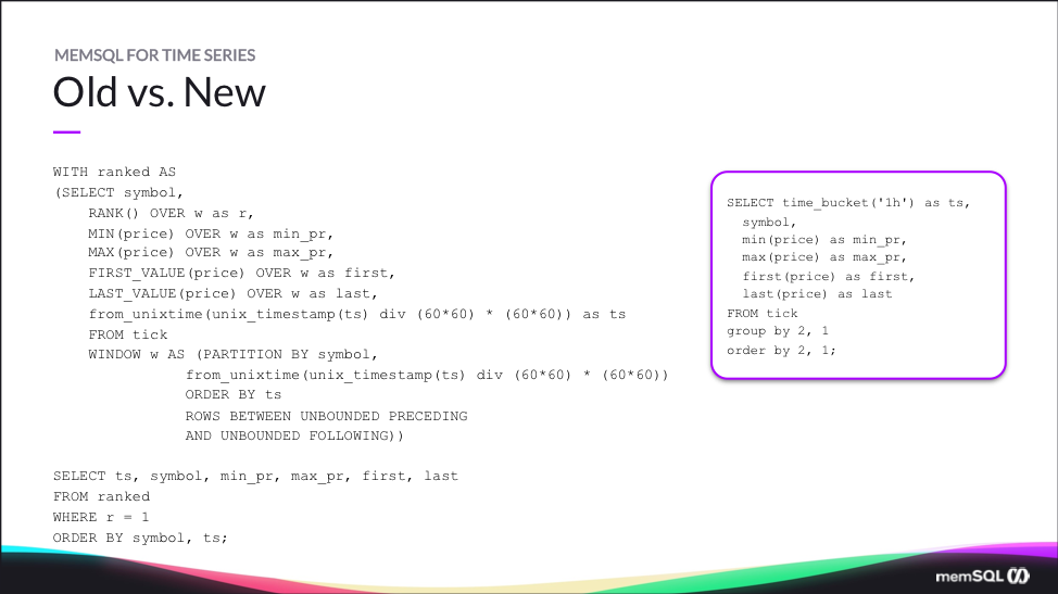 SingleStore time series old and new code