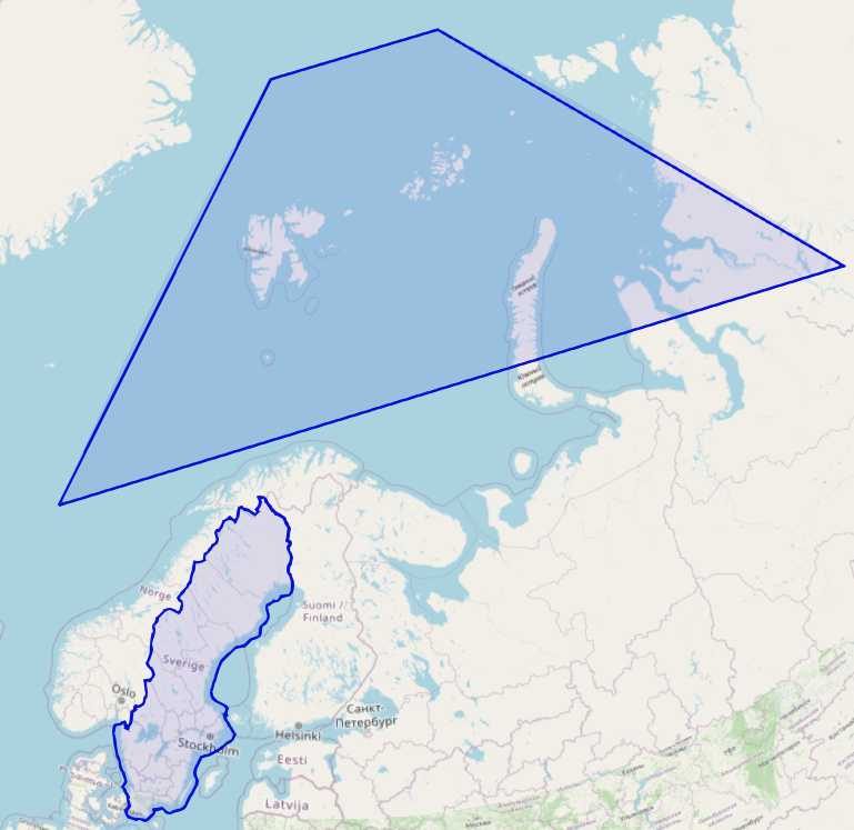 Two polygons that do not intersect. One is the outline of the country of Sweden and the second is a trapezoid shape that passes north of the first polygon.