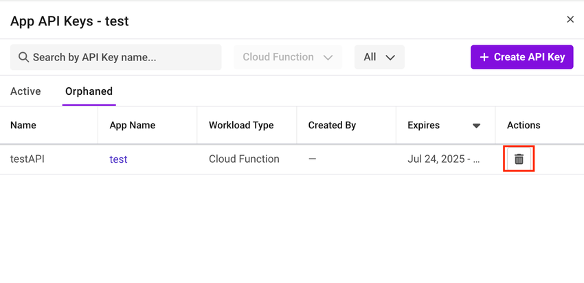 Shows the way to delete the orphaned API key in the App instance.
