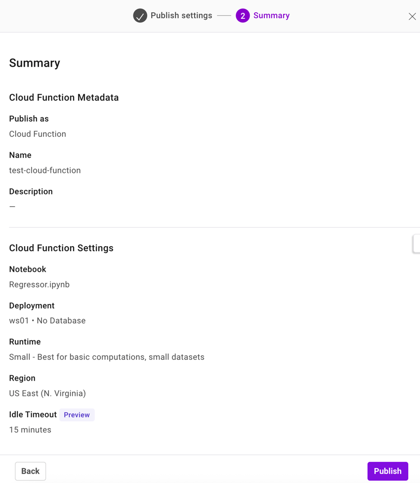 View the summary of the cloud function.