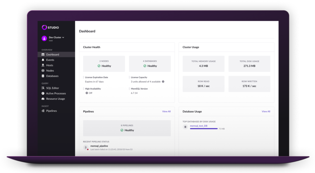 New Monitoring and Management Tooling in SingleStore Studio's Dashboard