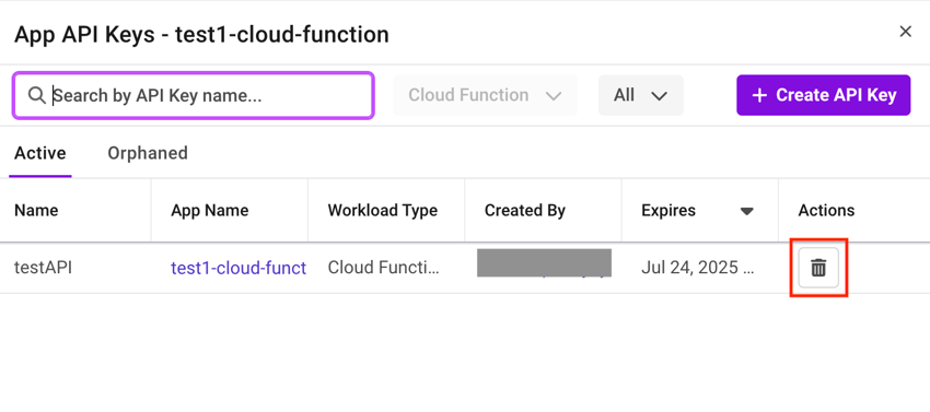 Shows the way to delete the Active API key in the Actions column.