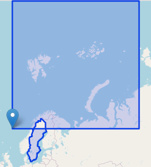Two polygons that intersect. The first is the outline of the country of Sweden and the second is a square that crosses the northern half of Sweden.