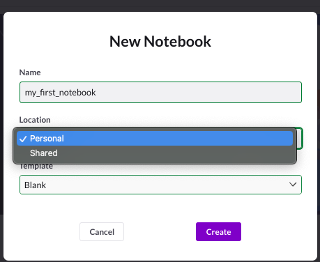 The New Notebook dialog box, with Name, Location, and Template fields. Cancel and Create buttons.