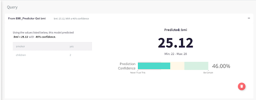 Screenshot from MindsDB showing the predicted BMI and confidence interval of our predictions.