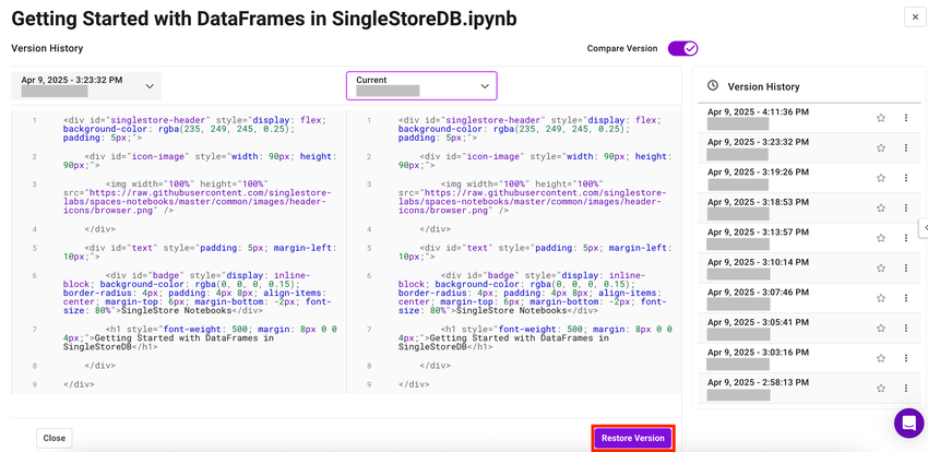 An image that shows how to restore a Notebook version by using the highlighted "Restore Version" button.