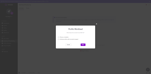 screenshot of workload monitoring real-time recording options