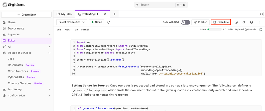 Schedule a notebook by selecting the Schedule button on the right upper side in the shared notebook.