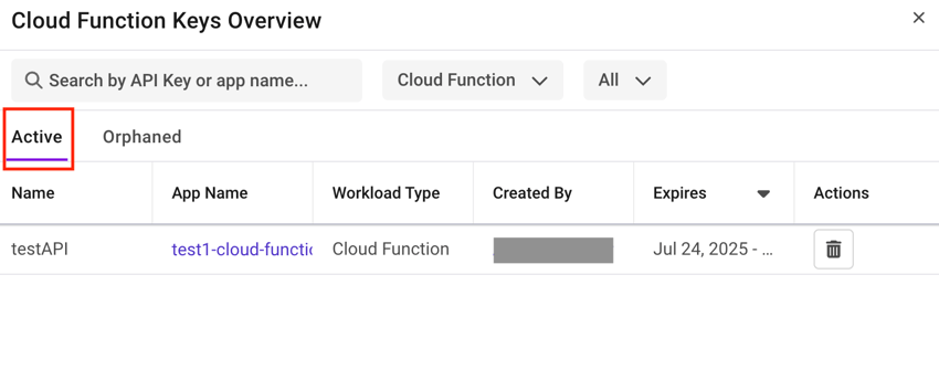 Shows the Active API keys in Cloud function App.