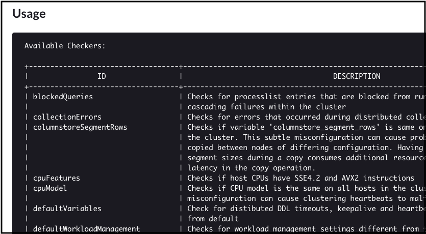 The checkers for memsql-reports help you find and fix problems fast.