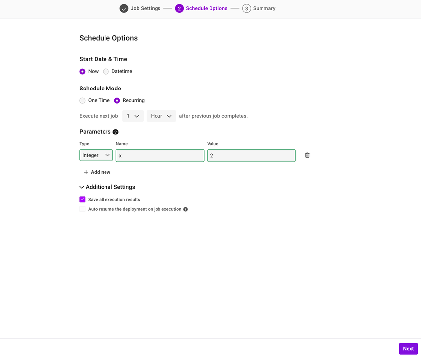 A New Scheduled Job dialog box having second step of adding Schedule Options.