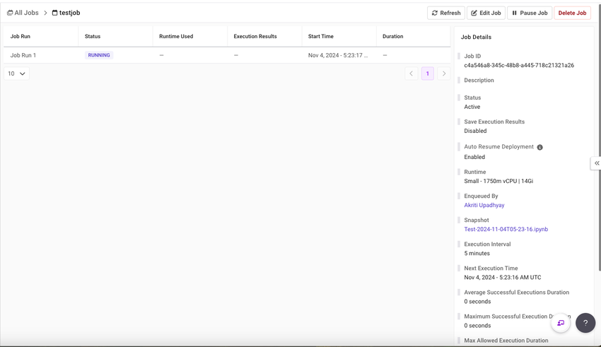 Job execution details and Job details pane for an example job.