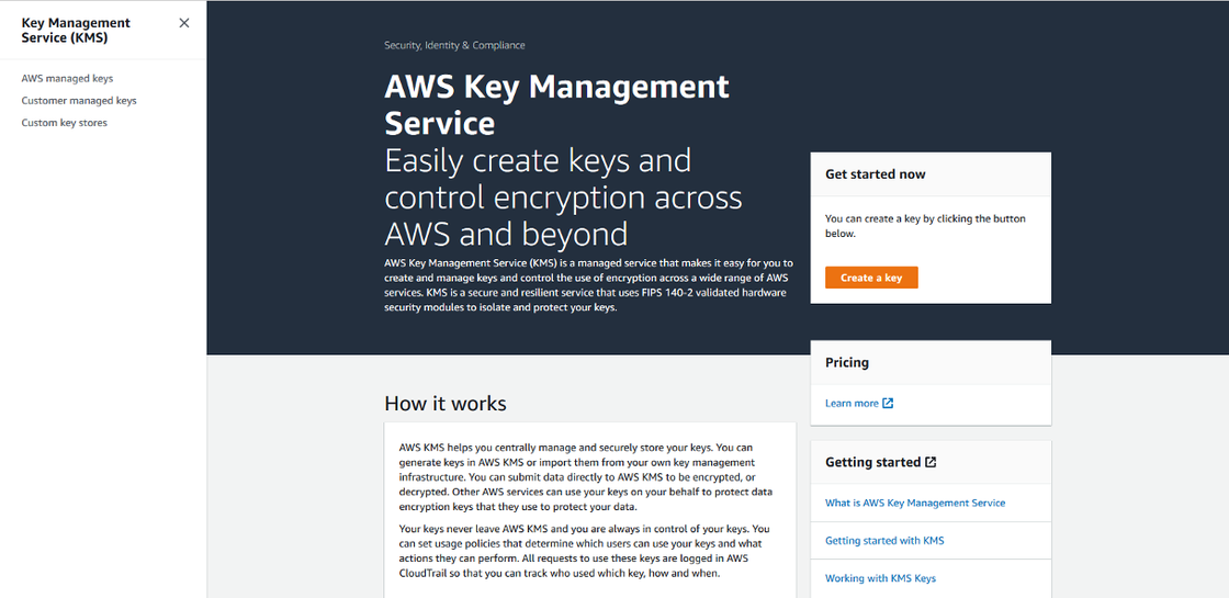AWS Key Management Services window with several links and info on how it works
