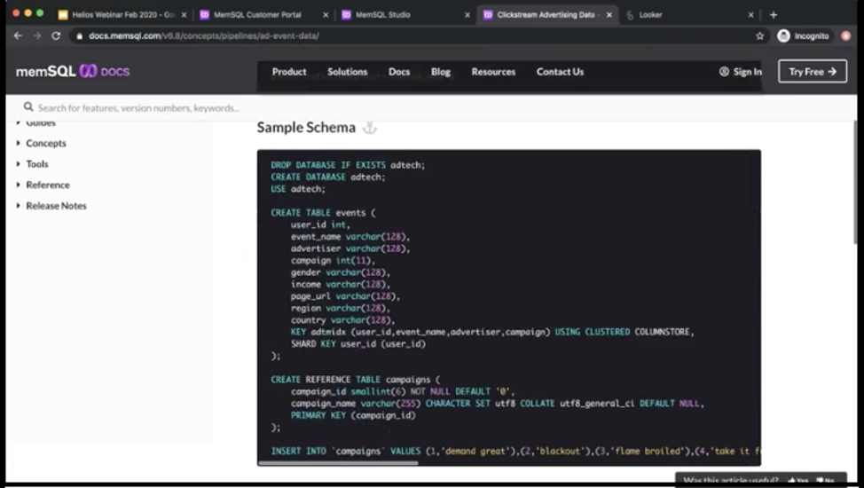 Borrowing sample schema from SingleStore Docs