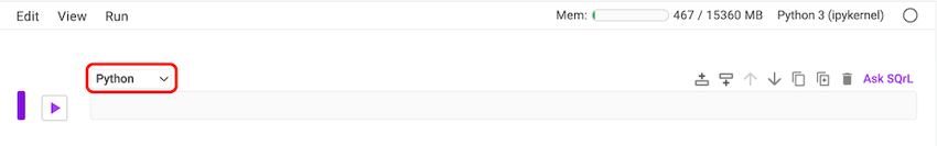 Specify the cell type as Python from the drop-down list.