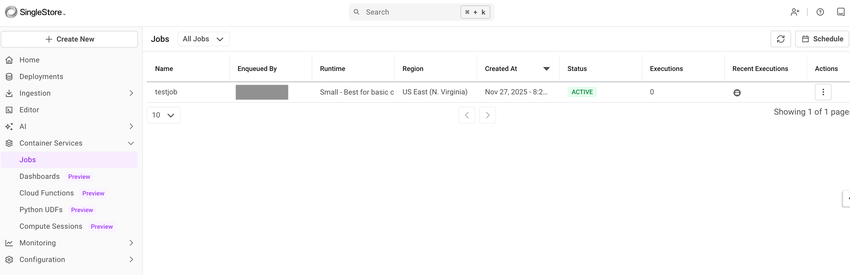 View the scheduled job under the Name column in the Jobs page.