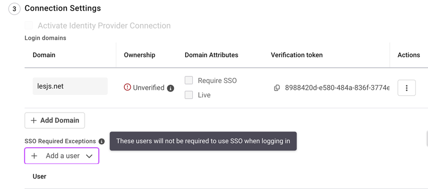 A dialog box appears when an identity provider is added, connection settings can be configured.