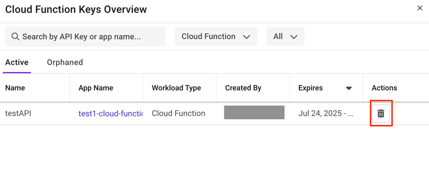 Shows the way of deleting the Active API key in the Cloud Function App.