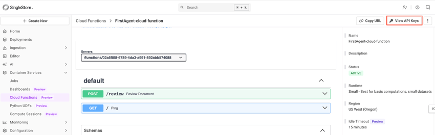 Select View API Keys button in Cloud Function.