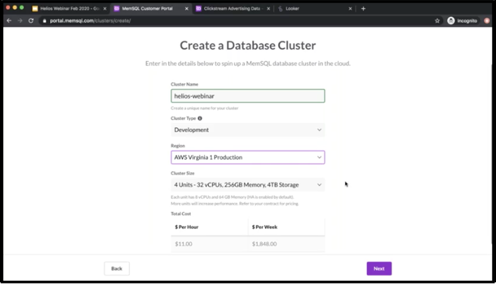 Creating a four-unit SingleStoreDB Cloud cluster on AWS Virginia