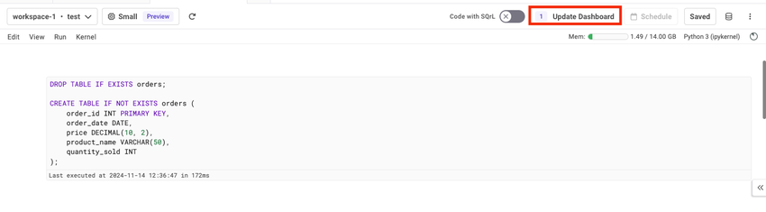 Select Update Dashboard in the upper right in the notebook to update the dashboard details.