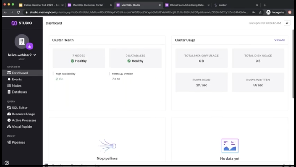 Showing cluster health and usage in SingleStore Studio