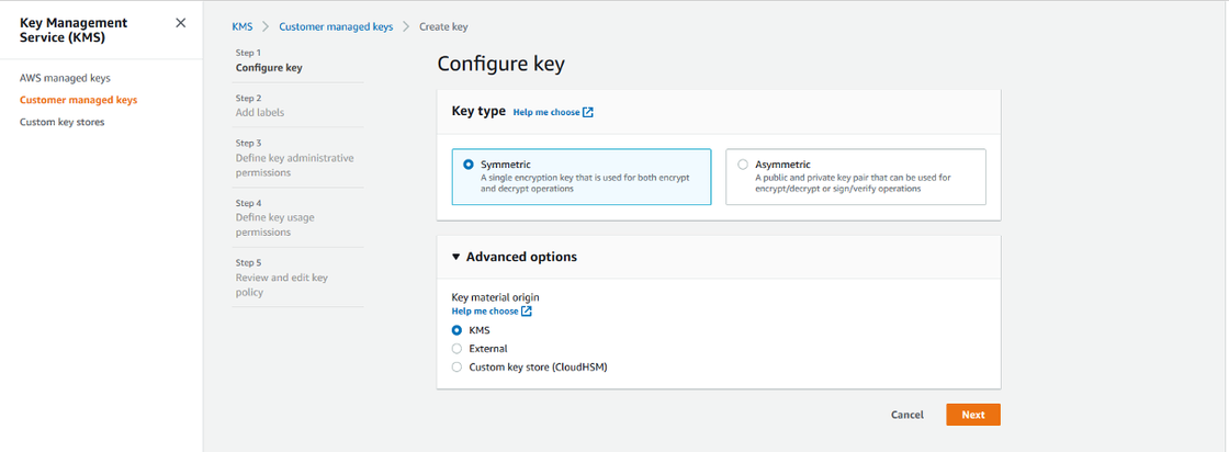 AWS Configure key window with selectable radial buttons and left nav
