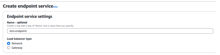 AWS console screenshot of the "Create endpoint service" page. The service name entered is test-endpoint, and the selected load balancer type is "Network".