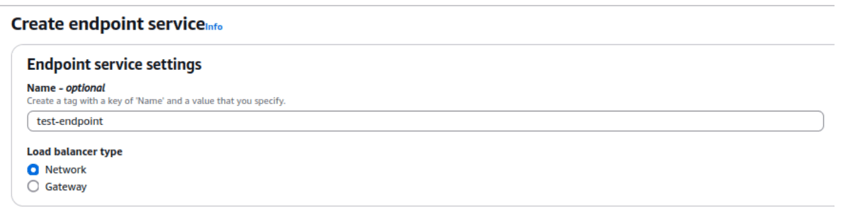 AWS console screenshot of the "Create endpoint service" page. The service name entered is test-endpoint, and the selected load balancer type is "Network".