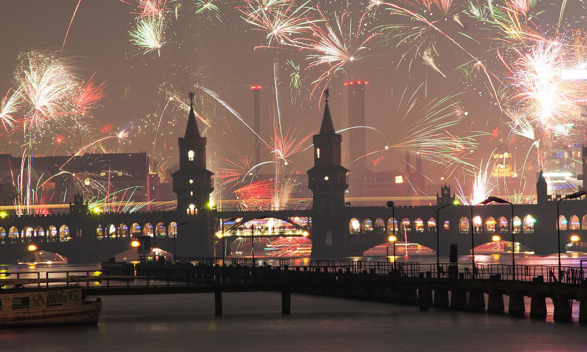 Berlin fireworks to celebrate a Happy New Year in Germany.