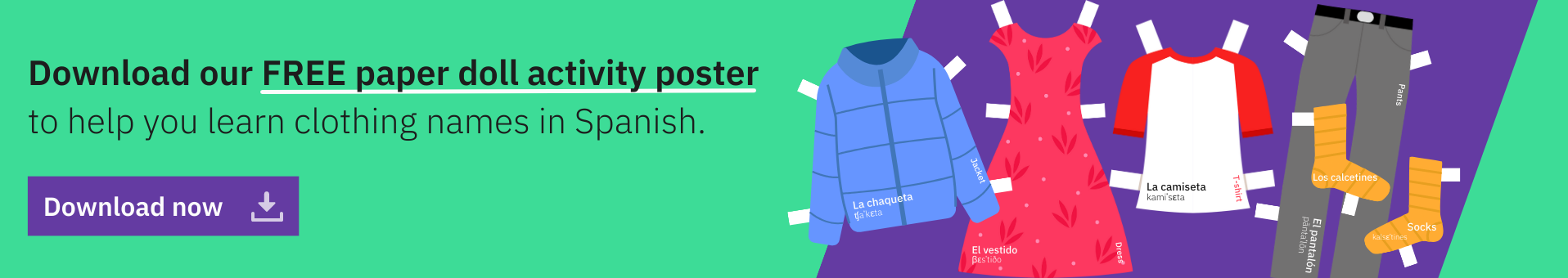 Free Berlitz printable poster to help you learn the most common clothing items in Spanish.