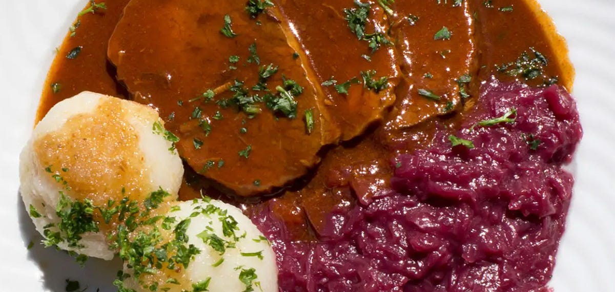 Sauerbraten is a traditional German pot roast steeped in a mixture of vinegar or wine, water, herbs, spices, and sometimes vegetables for several days.