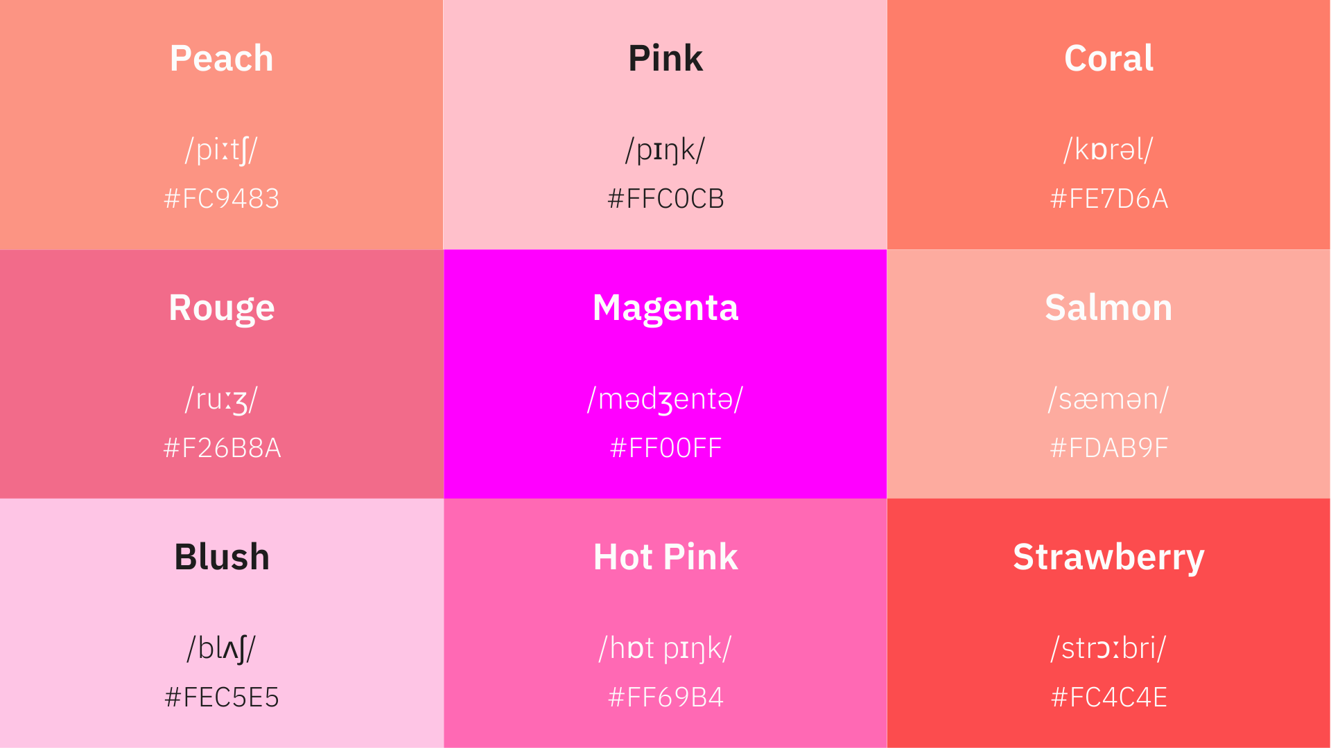 Shades of Pink in English such as coral, salmon, blush, magenta, hot pink, strawberry and rouge