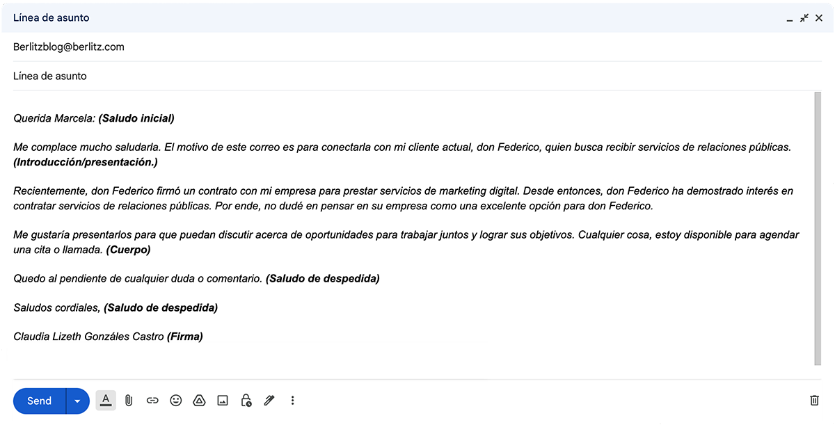Formatting a formal or business email in Spanish.