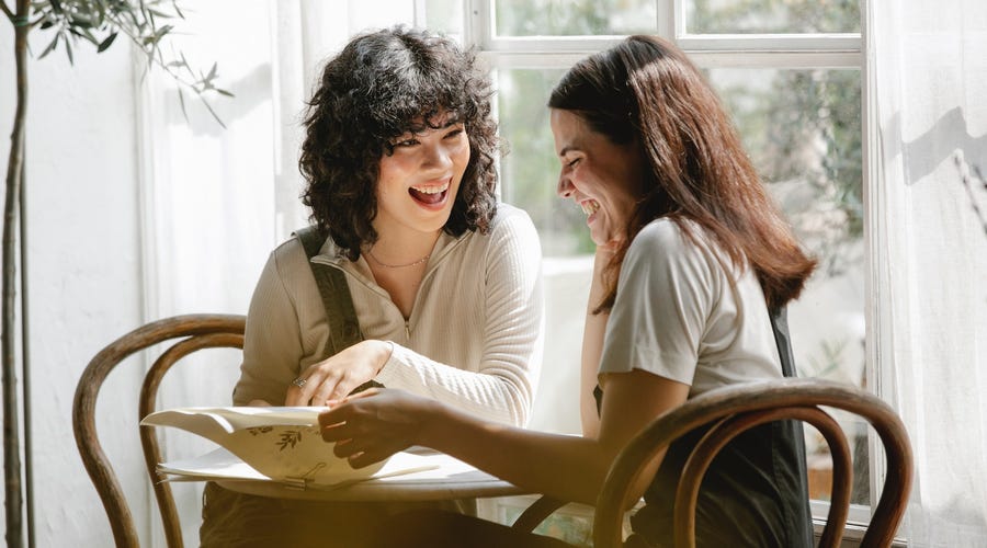 Examples of mentoring in the workplace with two happy diverse work friends smiling and learning.