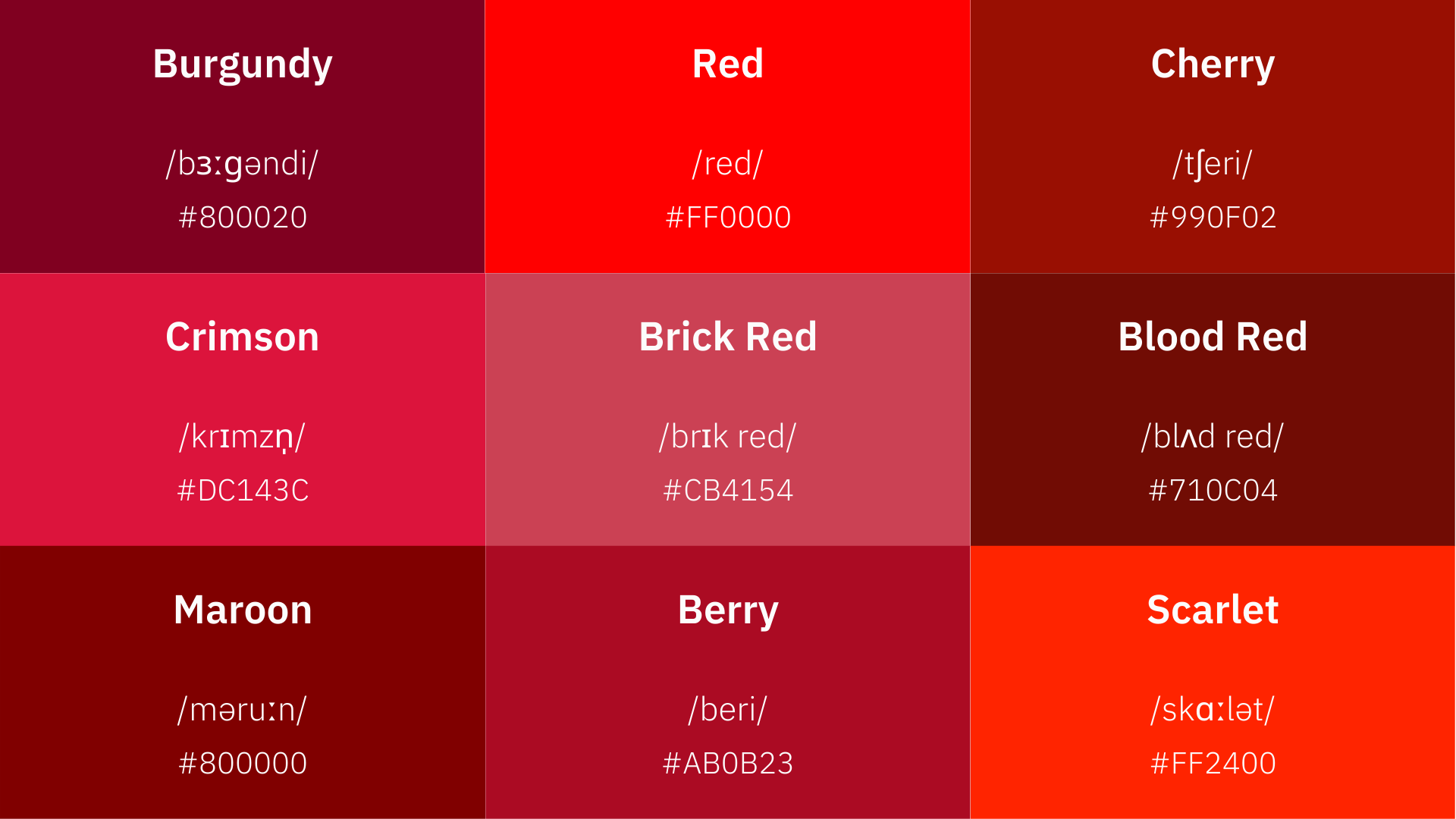 Nine lovely shades of red in English.