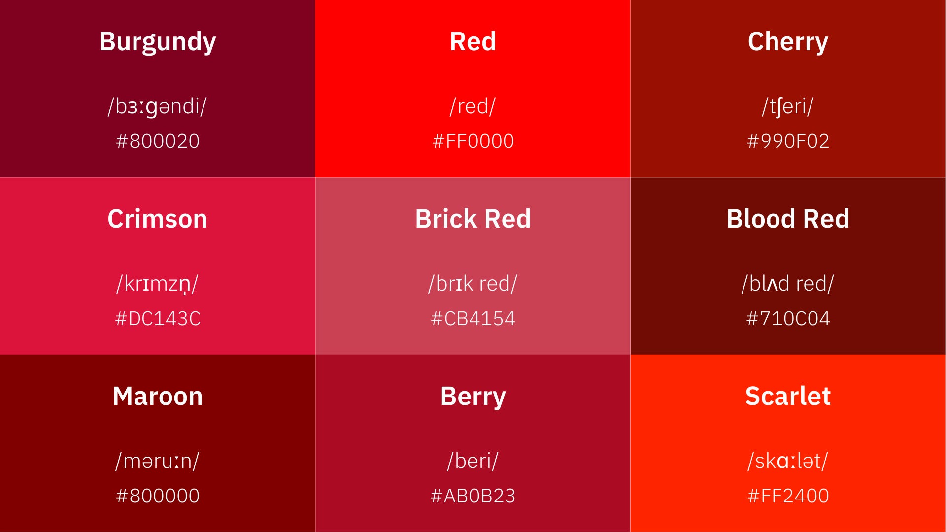 Nine lovely shades of red in English.