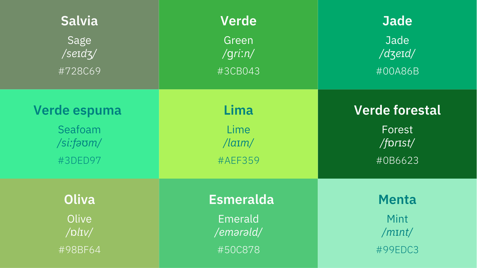 Different shades of green in English from forest to sage to olive and lime