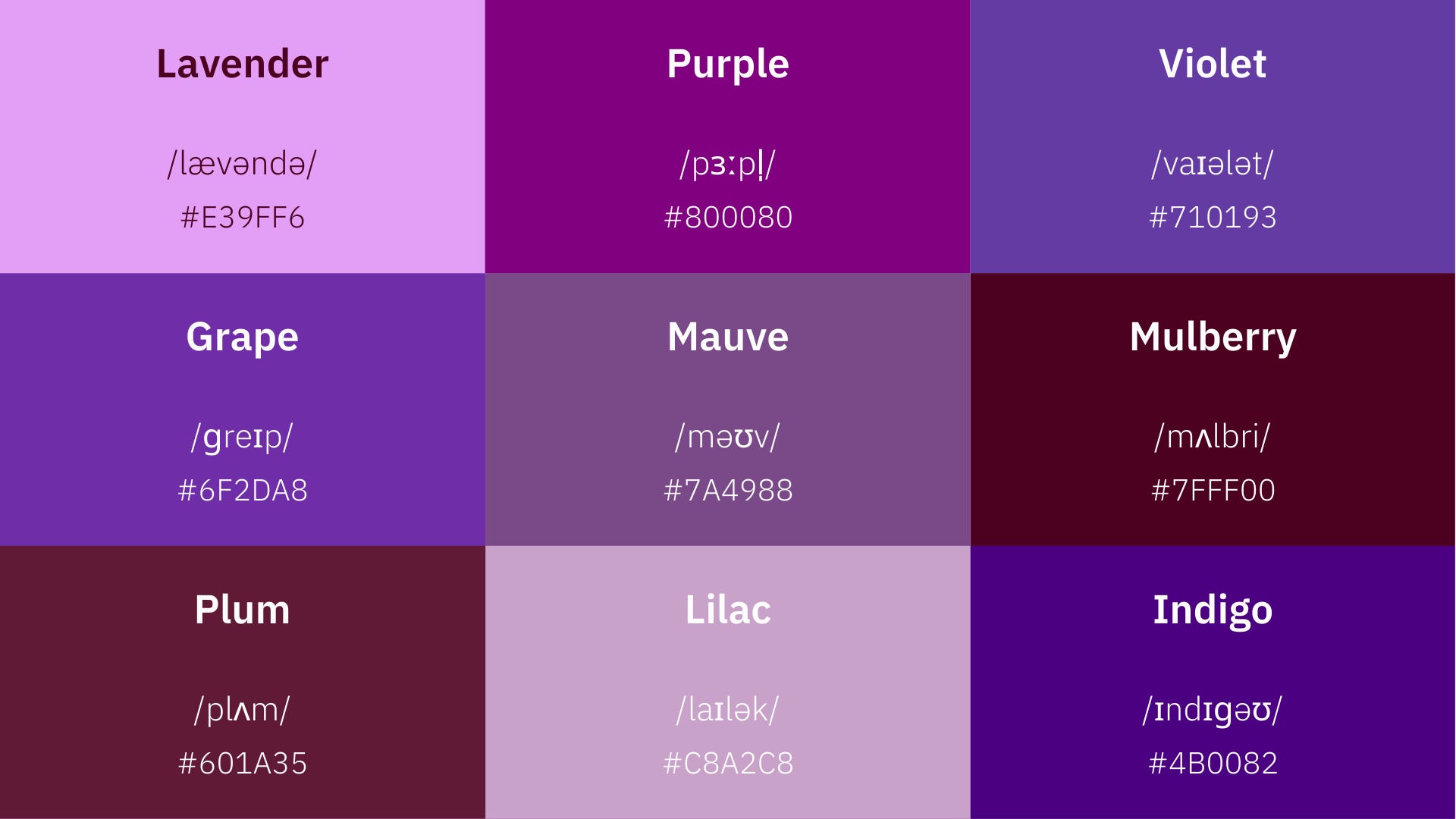 Nine different shades of purple in English, one of the secondary colors in English