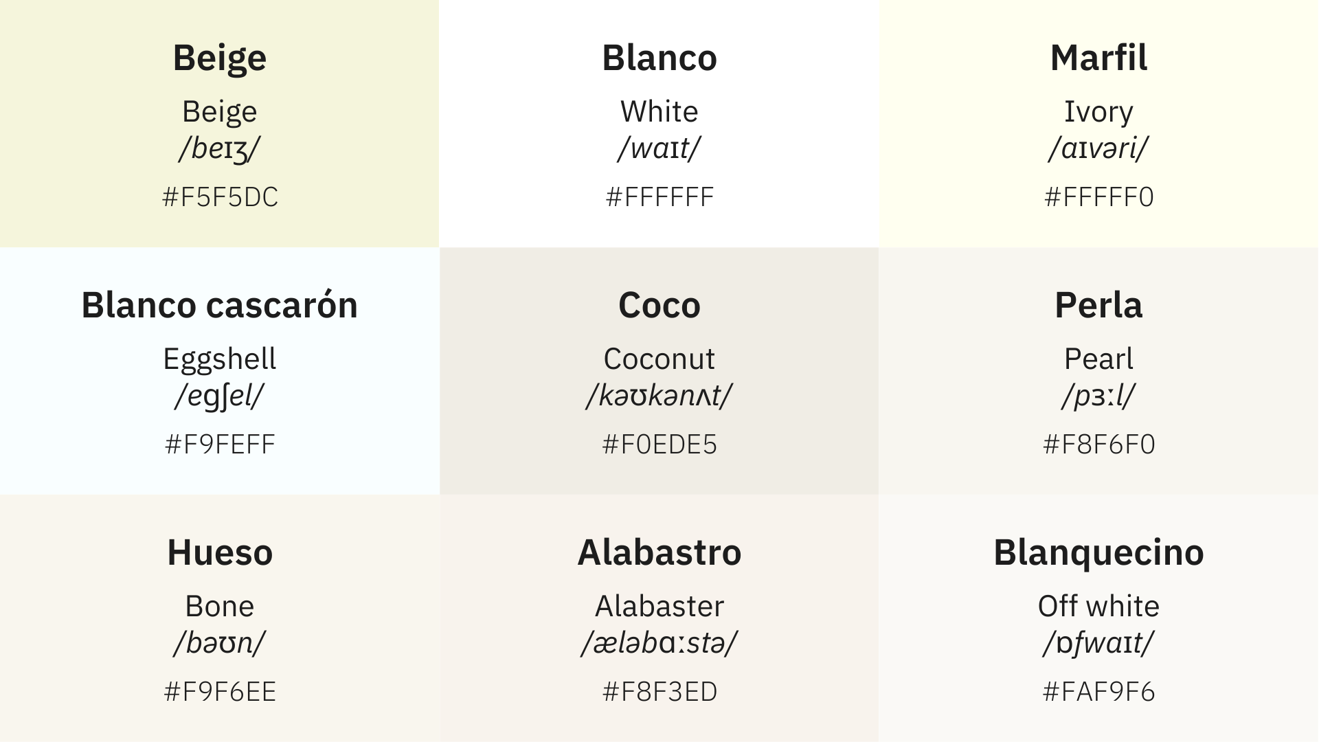 Pretty shades of White colors in English from off white to ivory