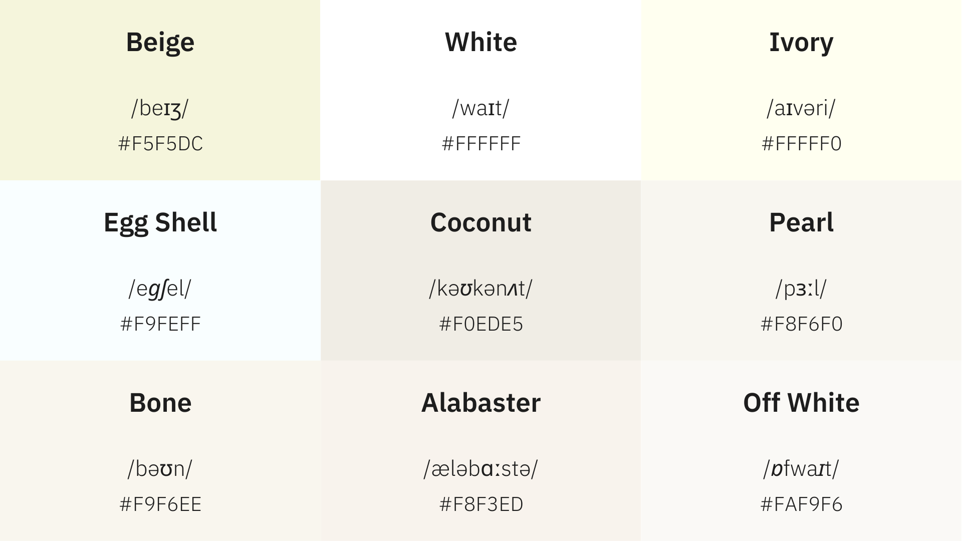 Pretty shades of White colors in English from off white to ivory