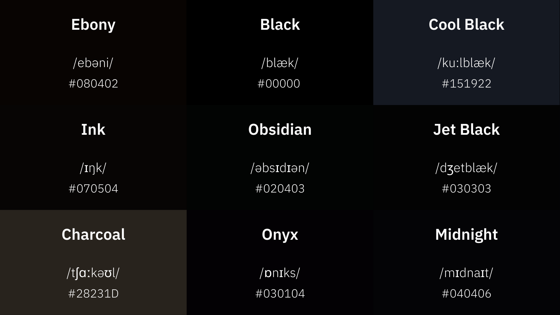 Powerful shades of Black colors in English from onyx to charcoal