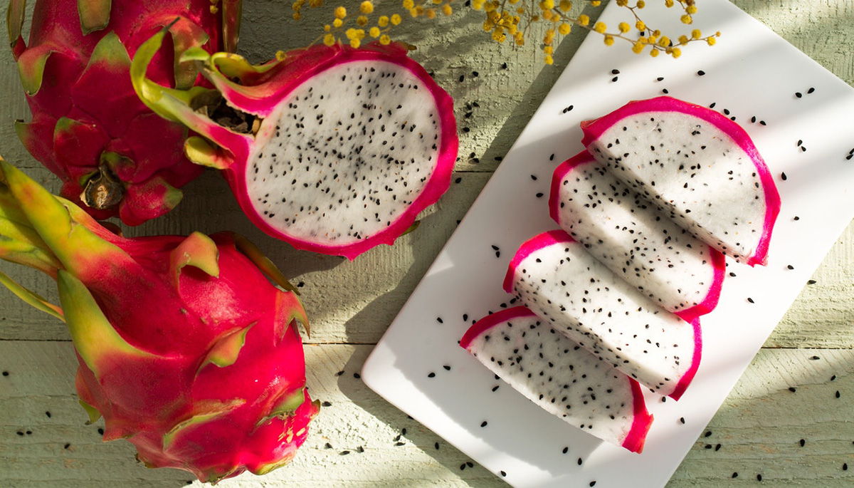 Tropical fruits such as dragon fruit in English.