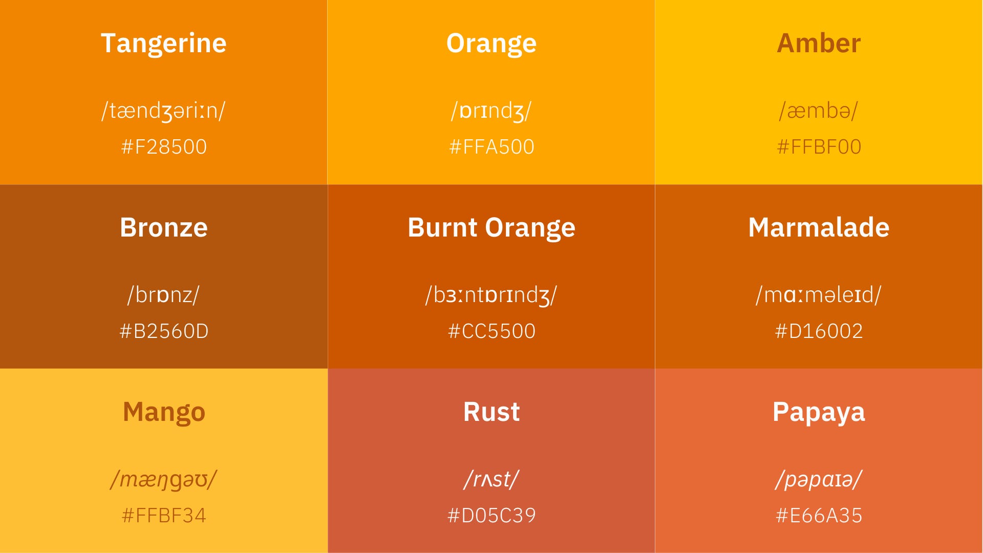 Shades of different orange colors in English.